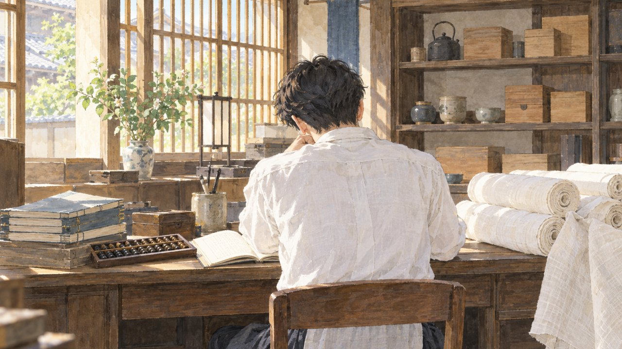 奈良の古い店の帳場で、帳面を前に考えこむ若い男性の後ろ姿