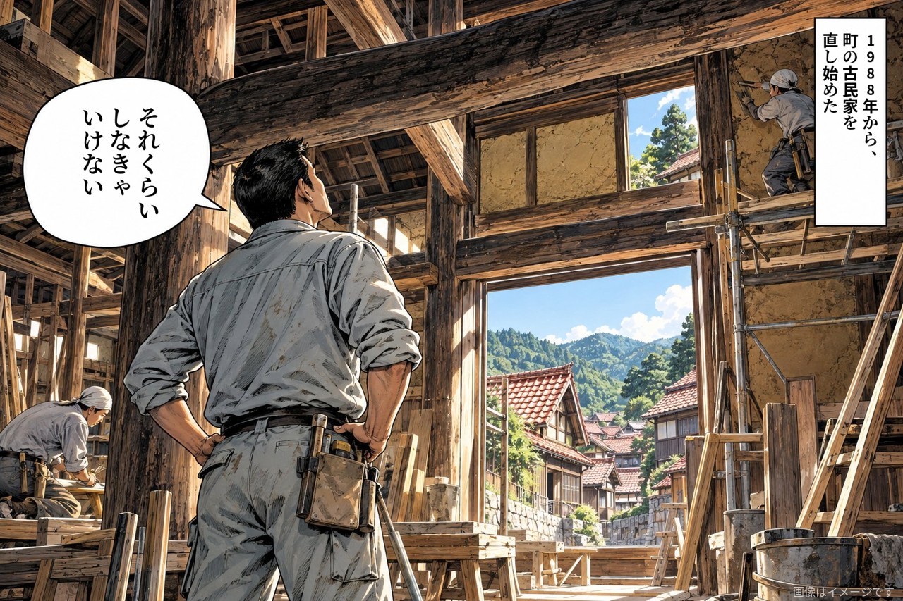 劇画調の漫画の1コマ。古民家の改修の現場で梁を見上げる男性の後ろ姿「それくらいしなきゃいけない」