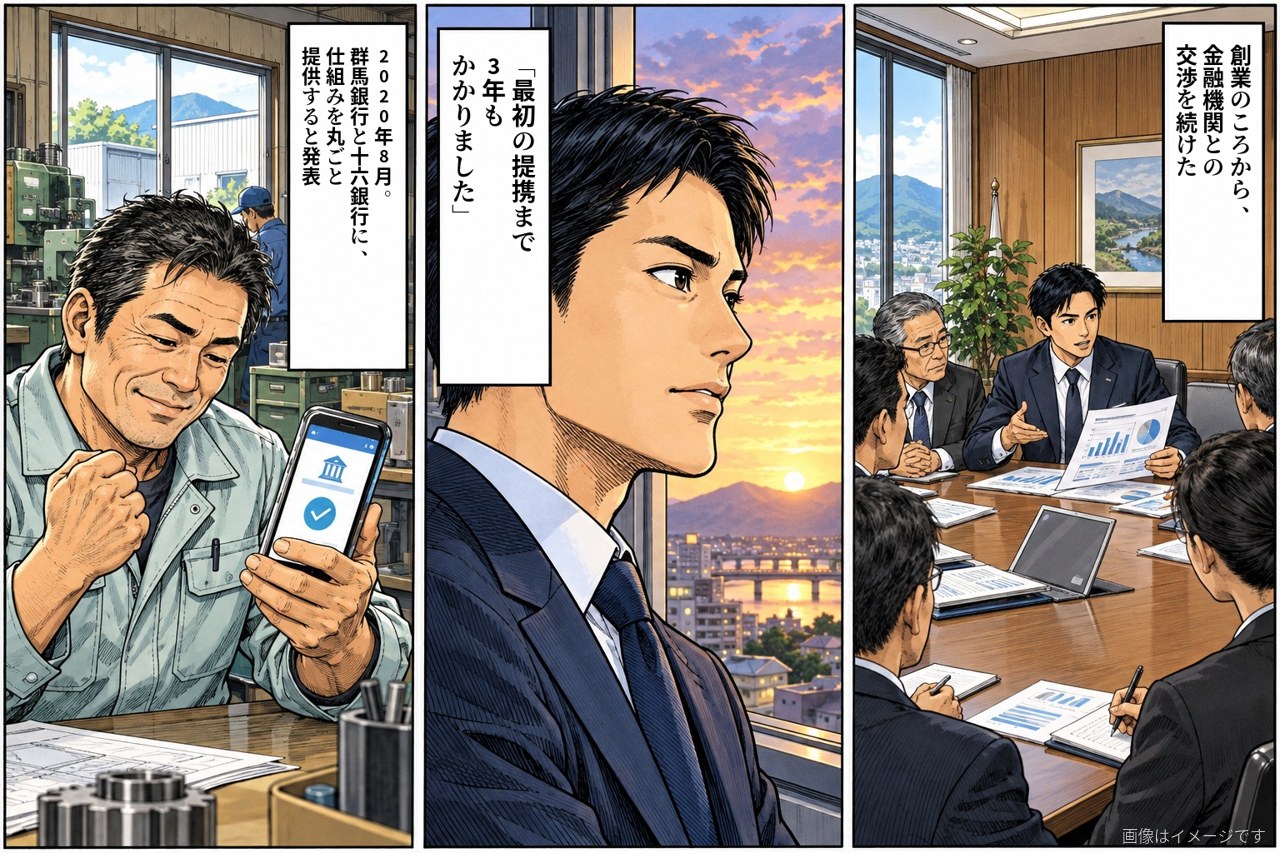劇画調の漫画の3コマ。地方の銀行の会議室で説明する男性、窓辺で振り返る横顔「最初の提携まで3年もかかりました」、スマートフォンを見てほっとする町工場の社長
