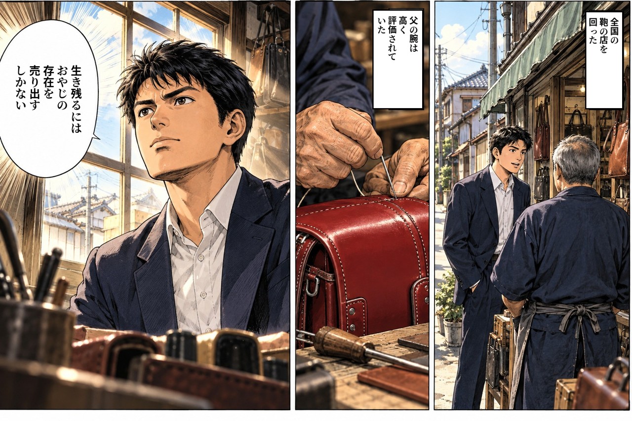 劇画調の漫画の3コマ。町の鞄店で店主と話す若い男性、ランドセルの革を縫う職人の手、工房の窓辺で前を見すえる男性「生き残るにはおやじの存在を売り出すしかない」