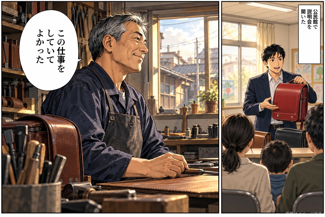 劇画調の漫画の2コマ。公民館で親子にランドセルを見せて説明する男性、工房で静かに笑う年配の職人「この仕事をしていてよかった」