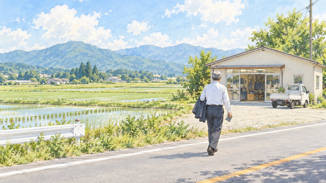 地方の国道沿いの小さな作業服の店へ歩いていく男性の後ろ姿