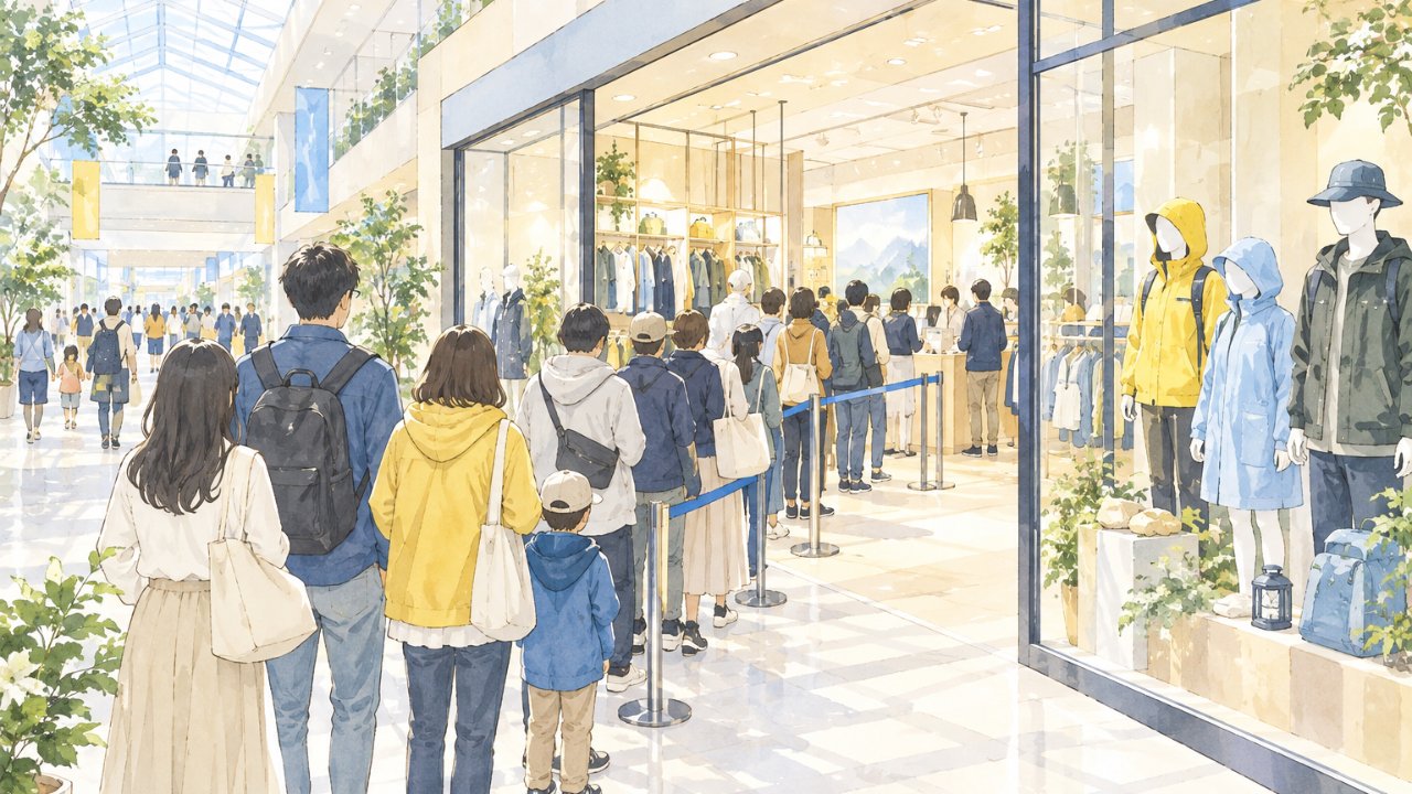 ショッピングモールの明るい服の店の前にできた長い列